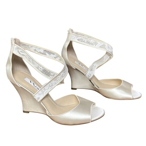 Nina Shoes - Nina Ivory Peep Toe Strappy Padded Elyana Wedge Zip Up Shoes 9.5